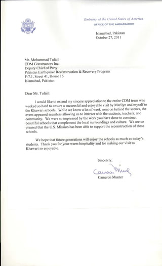 pakistan usaid reconstruction program letter from us ambassador