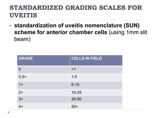 STANDARDIZED GRADING SCALES FOR
UVEITIS
 standardization of uveitis nomenclature (SUN)
scheme for anterior chamber cells (using 1mm slit
beam)
GRADE CELLS IN FIELD
0 <1
0.5+ 1-5
1+ 6-15
2+ 16-25
3+ 26-50
4+ 50+
 