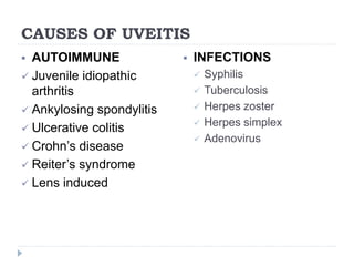 CAUSES OF UVEITIS
 AUTOIMMUNE
 Juvenile idiopathic
arthritis
 Ankylosing spondylitis
 Ulcerative colitis
 Crohn’s disease
 Reiter’s syndrome
 Lens induced
 INFECTIONS
 Syphilis
 Tuberculosis
 Herpes zoster
 Herpes simplex
 Adenovirus
 