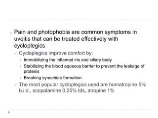 o Pain and photophobia are common symptoms in
uveitis that can be treated effectively with
cycloplegics
 Cycloplegics improve comfort by;
 Immobilizing the inflamed iris and ciliary body
 Stabilizing the blood aqueous barrier to prevent the leakage of
proteins
 Breaking synechiae formation
 The most popular cycloplegics used are homatropine 5%
b.i.d., scopolamine 0.25% tds, atropine 1%
 