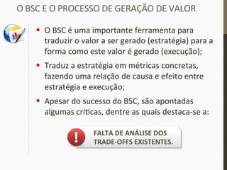 O	
  BSC	
  E	
  O	
  PROCESSO	
  DE	
  GERAÇÃO	
  DE	
  VALOR	
  
§  O	
  BSC	
  é	
  uma	
  importante	
  ferramenta	
  para	
  
traduzir	
  o	
  valor	
  a	
  ser	
  gerado	
  (estratégia)	
  para	
  a	
  
forma	
  como	
  este	
  valor	
  é	
  gerado	
  (execução);	
  
§  Traduz	
  a	
  estratégia	
  em	
  métricas	
  concretas,	
  
fazendo	
  uma	
  relação	
  de	
  causa	
  e	
  efeito	
  entre	
  
estratégia	
  e	
  execução;	
  
§  Apesar	
  do	
  sucesso	
  do	
  BSC,	
  são	
  apontadas	
  
algumas	
  crí_cas,	
  dentre	
  as	
  quais	
  destaca-­‐se	
  a:	
  
FALTA	
  DE	
  ANÁLISE	
  DOS	
  
TRADE-­‐OFFS	
  EXISTENTES.	
  
 