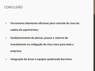 CONCLUSÃO	
  
•  Ferramenta	
  altamente	
  eﬁciente	
  para	
  controle	
  de	
  risco	
  da	
  
cadeia	
  de	
  suprimentos;	
  
•  Estabelecimento	
  de	
  planos,	
  prazos	
  e	
  retorno	
  do	
  
invesImento	
  ou	
  miIgação	
  do	
  risco	
  claro	
  para	
  toda	
  a	
  
empresa;	
  
•  Integração	
  de	
  áreas	
  e	
  equipes	
  quebrando	
  barreiras	
  	
  
	
  
 