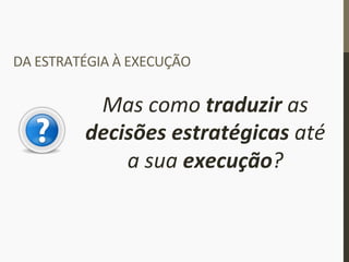 DA	
  ESTRATÉGIA	
  À	
  EXECUÇÃO	
  
Mas	
  como	
  traduzir	
  as	
  
decisões	
  estratégicas	
  até	
  
a	
  sua	
  execução?	
  
 