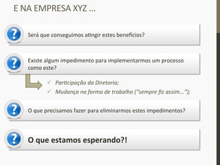 ü  Par;cipação	
  da	
  Diretoria;	
  
ü  Mudança	
  na	
  forma	
  de	
  trabalho	
  (“sempre	
  ﬁz	
  assim...”);	
  
E	
  NA	
  EMPRESA	
  XYZ	
  ...	
  
Será	
  que	
  conseguimos	
  a_ngir	
  estes	
  bene•cios?	
  
Existe	
  algum	
  impedimento	
  para	
  implementarmos	
  um	
  processo	
  
como	
  este?	
  
O	
  que	
  precisamos	
  fazer	
  para	
  eliminarmos	
  estes	
  impedimentos?	
  
O	
  que	
  estamos	
  esperando?!	
  
 