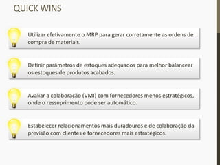 QUICK	
  WINS	
  
U_lizar	
  efe_vamente	
  o	
  MRP	
  para	
  gerar	
  corretamente	
  as	
  ordens	
  de	
  
compra	
  de	
  materiais.	
  
Deﬁnir	
  parâmetros	
  de	
  estoques	
  adequados	
  para	
  melhor	
  balancear	
  
os	
  estoques	
  de	
  produtos	
  acabados.	
  
Avaliar	
  a	
  colaboração	
  (VMI)	
  com	
  fornecedores	
  menos	
  estratégicos,	
  
onde	
  o	
  ressuprimento	
  pode	
  ser	
  automá_co.	
  
Estabelecer	
  relacionamentos	
  mais	
  duradouros	
  e	
  de	
  colaboração	
  da	
  
previsão	
  com	
  clientes	
  e	
  fornecedores	
  mais	
  estratégicos.	
  
 