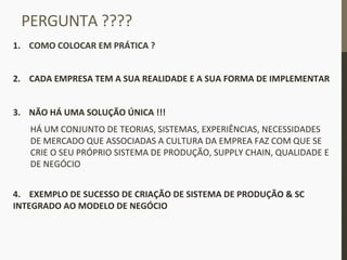 PERGUNTA	
  ????	
  
1.  COMO	
  COLOCAR	
  EM	
  PRÁTICA	
  ?	
  
	
  
2.	
  	
  	
  	
  CADA	
  EMPRESA	
  TEM	
  A	
  SUA	
  REALIDADE	
  E	
  A	
  SUA	
  FORMA	
  DE	
  IMPLEMENTAR	
  
	
  
3.  NÃO	
  HÁ	
  UMA	
  SOLUÇÃO	
  ÚNICA	
  !!!	
  
HÁ	
  UM	
  CONJUNTO	
  DE	
  TEORIAS,	
  SISTEMAS,	
  EXPERIÊNCIAS,	
  NECESSIDADES	
  
DE	
  MERCADO	
  QUE	
  ASSOCIADAS	
  A	
  CULTURA	
  DA	
  EMPREA	
  FAZ	
  COM	
  QUE	
  SE	
  
CRIE	
  O	
  SEU	
  PRÓPRIO	
  SISTEMA	
  DE	
  PRODUÇÃO,	
  SUPPLY	
  CHAIN,	
  QUALIDADE	
  E	
  
DE	
  NEGÓCIO	
  
	
  
4.	
  	
  	
  	
  EXEMPLO	
  DE	
  SUCESSO	
  DE	
  CRIAÇÃO	
  DE	
  SISTEMA	
  DE	
  PRODUÇÃO	
  &	
  SC	
  
INTEGRADO	
  AO	
  MODELO	
  DE	
  NEGÓCIO	
  	
  
	
  
 