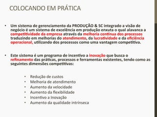 COLOCANDO	
  EM	
  PRÁTICA	
  
	
  
•  Um	
  sistema	
  de	
  gerenciamento	
  da	
  PRODUÇÃO	
  &	
  SC	
  integrado	
  a	
  visão	
  de	
  
negócio	
  é	
  um	
  sistema	
  de	
  excelência	
  em	
  produção	
  enxuta	
  o	
  qual	
  alavanca	
  a	
  
compeIIvidade	
  da	
  empresa	
  através	
  da	
  melhoria	
  con•nua	
  dos	
  processos	
  
traduzindo	
  em	
  melhorias	
  do	
  atendimento,	
  da	
  lucraIvidade	
  e	
  da	
  eﬁciência	
  
operacional,	
  uIlizando	
  dos	
  processos	
  como	
  uma	
  vantagem	
  compeIIva.	
  
•  Este	
  sistema	
  é	
  um	
  programa	
  de	
  incenIvo	
  a	
  inovação	
  que	
  busca	
  o	
  	
  
reﬁnamento	
  das	
  práIcas,	
  processos	
  e	
  ferramentas	
  existentes,	
  tendo	
  como	
  as	
  
seguintes	
  dimensões	
  compeIIvas:	
  
•  Redução	
  de	
  custos	
  
•  Melhoria	
  de	
  atendimento	
  
•  Aumento	
  da	
  velocidade	
  
•  Aumento	
  da	
  ﬂexibilidade	
  
•  Incen_vo	
  a	
  Inovação	
  
•  Aumento	
  da	
  qualidade	
  intrínseca	
  
	
  	
  
	
  
	
  
 