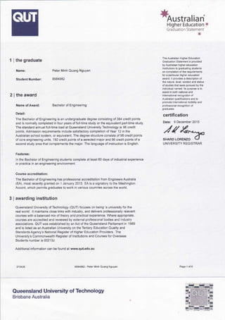 *oustralian
Higher Education lt
Graduation Statement
*
The Australian Higher Education
Graduation Statement is provided
by Australian higher education
institutions to graduating students
on completion of the requirements
for a particular higher education
award. lt provides a description of
the nature, level, context and status
of studies that were pursued by the
individual named. lts purpose is to
assist in both national and
international recognition of
Australian qualifications and to
promote international mobility and
professional recognition of
graduates.
certification
Date: 9 December 2015
(^{"fuUNIVERSITY REGISTRAR
1 | the graduate
Name:
Student Number:
Peter Minh Quang Nguyen
8584982
2 | the award
Name of Award: Bachelor of Eng ineering
Detail:
The Bachelor of Engineering is an undergraduate degree consisting of 384 credit points
and is normally completed in four years of full-time study or the equivalent part-time study.
The standard annual full-time load at Queensland University Technology is 96 credit
points. Admission requirements include satisfactory completion of Year 12 in the
Australian school system, or equivalent. The degree structure consists of 96 credit points
of core engineering units, 192 credit points of a selected major and 96 credit points of a
second study area that complements the major. The language of instruction is English.
Features:
ln the Bachelor of Engineering students complete at least 60 days of industrial experience
or practice in an engineering environment.
Gourse accreditation:
The Bachelor of Engineering has professional accreditation from Engineers Australia
(EA), most recently granted on 1 January 2013. EA is a signatory to the Washington
Accord, which permits graduates to work in various countries across the world.
3 | awarding institution
Queensland University of Technology (QUT) focuses on being 'a university for the
real world'. lt maintains close links with industry, and delivers professionally relevant
courses with a balanced mix of theory and practical experience. Where appropriate,
courses are accredited and reviewed by external professional bodies and industry
associations. QUT was established by an Act of the Queensland Parliament in 1989
and is listed as an Australian University on the Tertiary Education Quality and
Standards Agency's National Register of Higher Education Providers. The
University's Commonwealth Register of lnstitutions and Courses for Overseas
Students number is 00213J.
Additional information can be found at www.qut.edu.au
8584982 - Peter Minh Quang Nguyen
Brisbane Australia
Page 1 of 6
Queensland University of Technology
 
