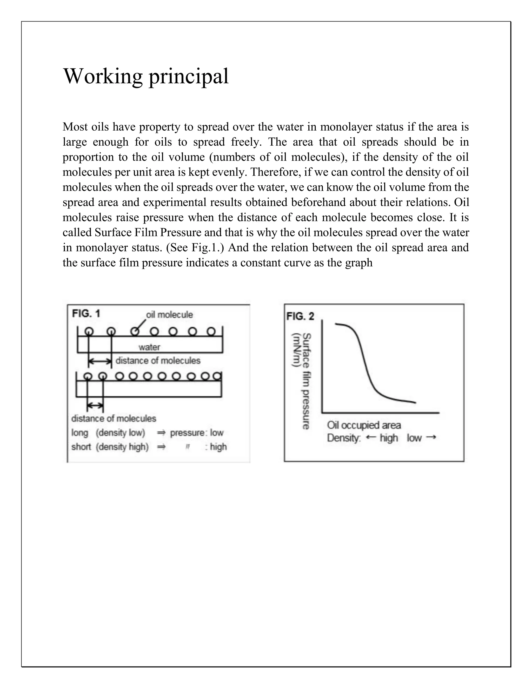 Working principal
Most oils have property to spread over the water in monolayer status if the area is
large enough for oils to spread freely. The area that oil spreads should be in
proportion to the oil volume (numbers of oil molecules), if the density of the oil
molecules per unit area is kept evenly. Therefore, if we can control the density of oil
molecules when the oil spreads over the water, we can know the oil volume from the
spread area and experimental results obtained beforehand about their relations. Oil
molecules raise pressure when the distance of each molecule becomes close. It is
called Surface Film Pressure and that is why the oil molecules spread over the water
in monolayer status. (See Fig.1.) And the relation between the oil spread area and
the surface film pressure indicates a constant curve as the graph
 