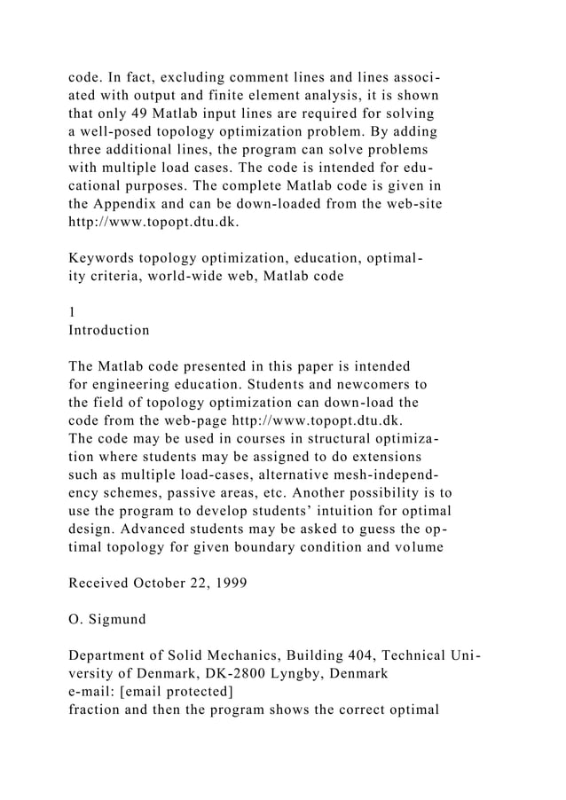 A 99 LINE TOPOLOGY OPTIMIZATION CODE BY OLE SIGMUND, JANUARY .docx