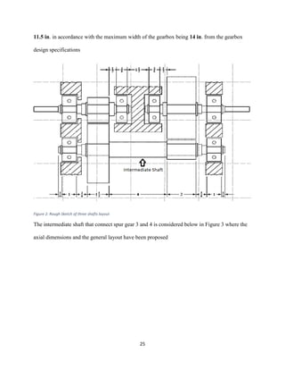 25
11.5 in. in accordance with the maximum width of the gearbox being 14 in. from the gearbox
design specifications
Figure 2: Rough Sketch of three shafts layout
The intermediate shaft that connect spur gear 3 and 4 is considered below in Figure 3 where the
axial dimensions and the general layout have been proposed
 