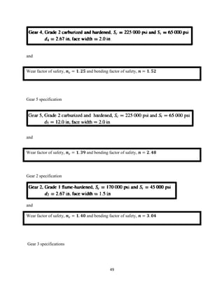 49
and
Wear factor of safety, 𝒏 𝒄 = 𝟏. 𝟐𝟓 and bending factor of safety, 𝒏 = 𝟏. 𝟓𝟐
Gear 5 specification
and
Wear factor of safety, 𝒏 𝒄 = 𝟏. 𝟑𝟗 and bending factor of safety, 𝒏 = 𝟐. 𝟒𝟖
Gear 2 specification
and
Wear factor of safety, 𝒏 𝒄 = 𝟏. 𝟒𝟎 and bending factor of safety, 𝒏 = 𝟑. 𝟎𝟒
Gear 3 specifications
 
