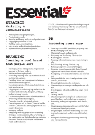 BRANDING
Creating a cool brand
that people love
PR
Producing press copy
STRATEGY
Marketing &
Communications
 