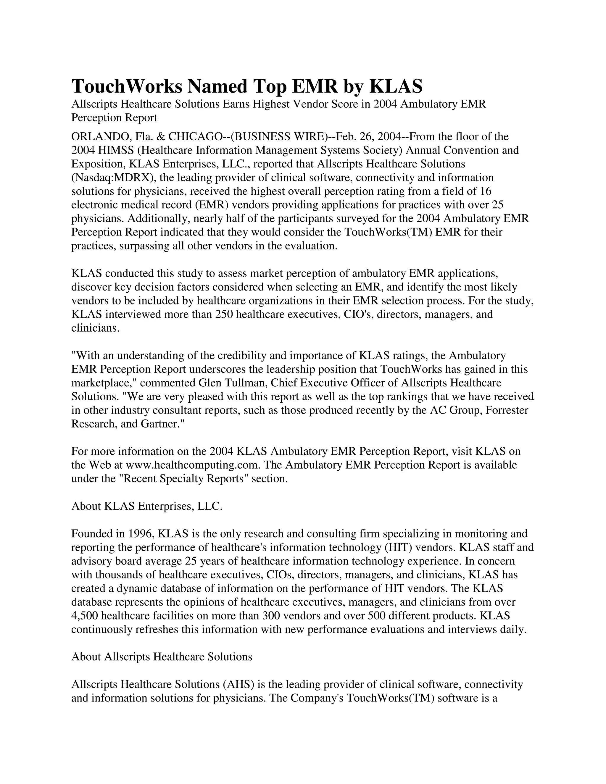 TouchWorks Named Top EMR by KLAS - Allscripts MDRX press release Feb 26 ...