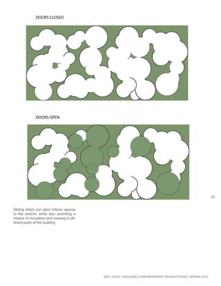 DOORS CLOSED
DOORS OPEN
25
NJIT_COAD | 504G-506G COMPREHENSIVE DESIGN STUDIO | SPRING 2015
Sliding doors can open interior spaces
to the exterior while also providing a
means of circulation and viewing to dif-
ferent parts of the building
 