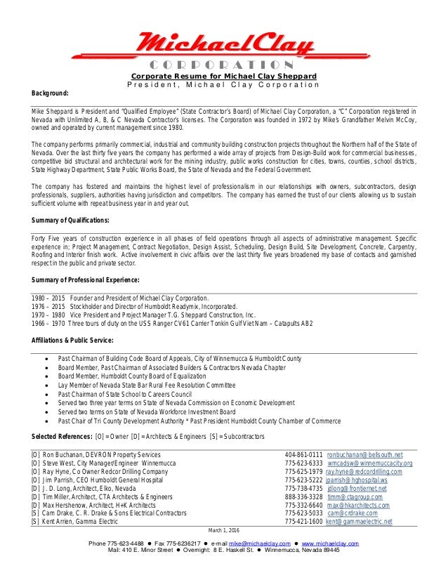 corporate resume for michael clay sheppard 2016 electricians resume examples