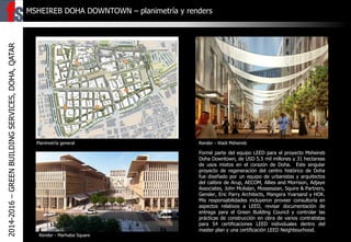 MSHEIREB DOHA DOWNTOWN – planimetría y renders2014-2016–GREENBUILDINGSERVICES,DOHA,QATAR
Formé parte del equipo LEED para el proyecto Msheireb
Doha Downtown, de USD 5.5 mil millones y 31 hectareas
de usos mixtos en el corazón de Doha. Este singular
proyecto de regeneración del centro histórico de Doha
fue diseñado por un equipo de urbanistas y arquitectos
del calibre de Arup, AECOM, Allies and Morrison, Adjaye
Associates, John McAslan, Mossessian, Squire & Partners,
Gensler, Eric Parry Architects, Mangera Yvarsand y HOK.
Mis responsabilidades incluyeron proveer consultoría en
aspectos relativos a LEED, revisar documentación de
entrega para el Green Building Council y controlar las
prácticas de construcción en obra de varios contratistas
para 54 certificaciones LEED individuales dentro del
master plan y una certificación LEED Neighbourhood.
Planimetría general Render - Wadi Msheireb
Render - Marhaba Square
 