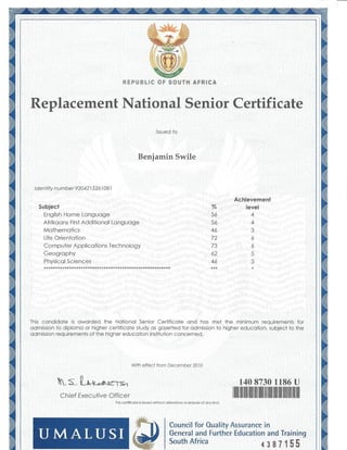 Benjamin Swile Matric National Senior Certificate