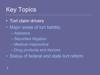 Key Topics
• Tort claim drivers
• Major areas of tort liability
– Asbestos
– Securities litigation
– Medical malpractice
– Drug products and devices
• Status of federal and state tort reform
2
 