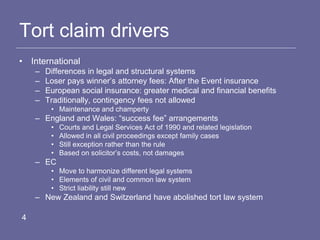 Tort claim drivers
• International
– Differences in legal and structural systems
– Loser pays winner’s attorney fees: After the Event insurance
– European social insurance: greater medical and financial benefits
– Traditionally, contingency fees not allowed
• Maintenance and champerty
– England and Wales: “success fee” arrangements
• Courts and Legal Services Act of 1990 and related legislation
• Allowed in all civil proceedings except family cases
• Still exception rather than the rule
• Based on solicitor’s costs, not damages
– EC
• Move to harmonize different legal systems
• Elements of civil and common law system
• Strict liability still new
– New Zealand and Switzerland have abolished tort law system
4
 