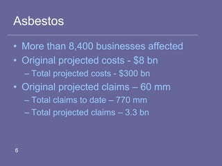 Asbestos
• More than 8,400 businesses affected
• Original projected costs - $8 bn
– Total projected costs - $300 bn
• Original projected claims – 60 mm
– Total claims to date – 770 mm
– Total projected claims – 3.3 bn
6
 