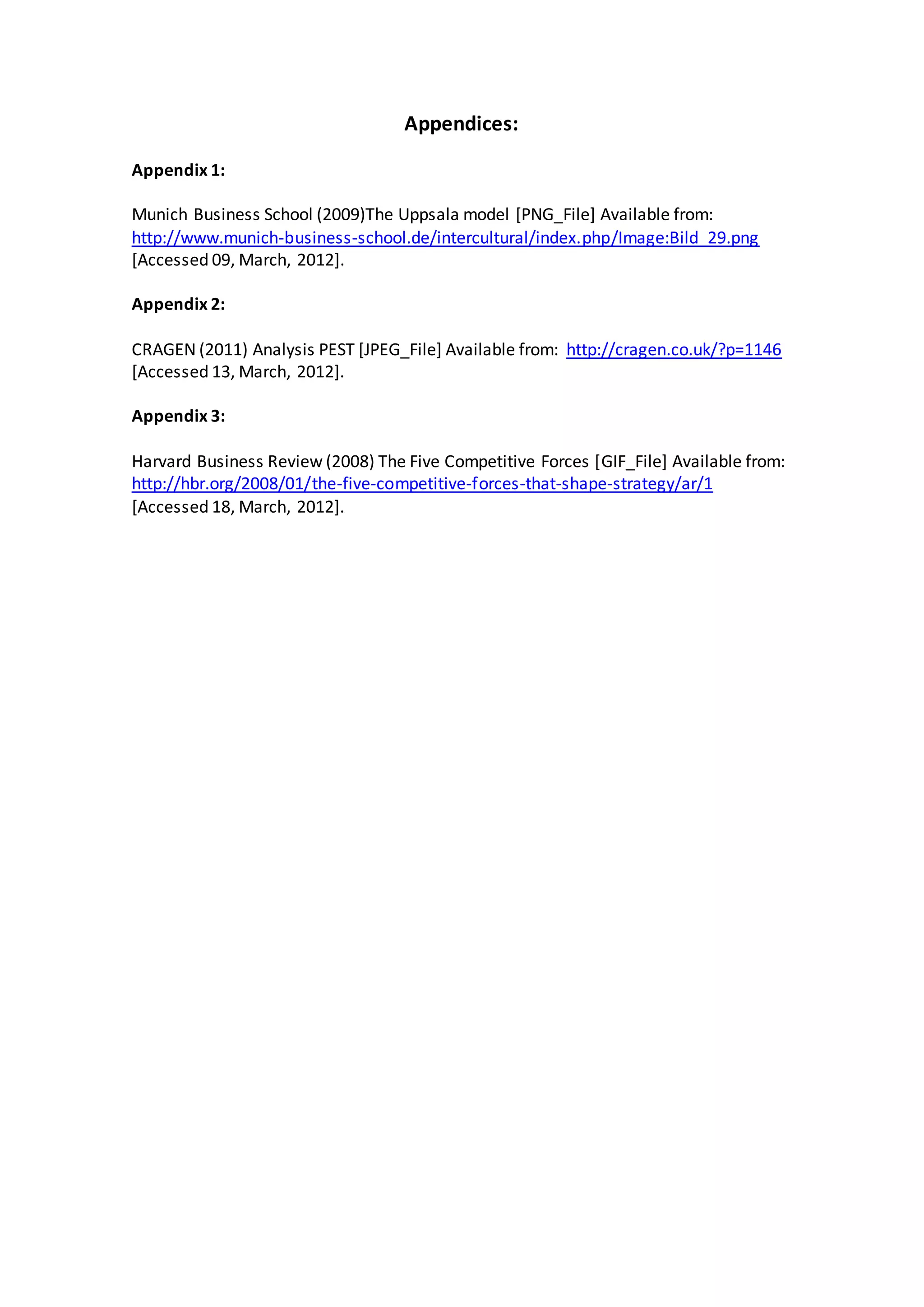 Appendices:
Appendix 1:
Munich Business School (2009)The Uppsala model [PNG_File] Available from:
http://www.munich-business-school.de/intercultural/index.php/Image:Bild_29.png
[Accessed 09, March, 2012].
Appendix 2:
CRAGEN (2011) Analysis PEST [JPEG_File] Available from: http://cragen.co.uk/?p=1146
[Accessed 13, March, 2012].
Appendix 3:
Harvard Business Review (2008) The Five Competitive Forces [GIF_File] Available from:
http://hbr.org/2008/01/the-five-competitive-forces-that-shape-strategy/ar/1
[Accessed 18, March, 2012].
 