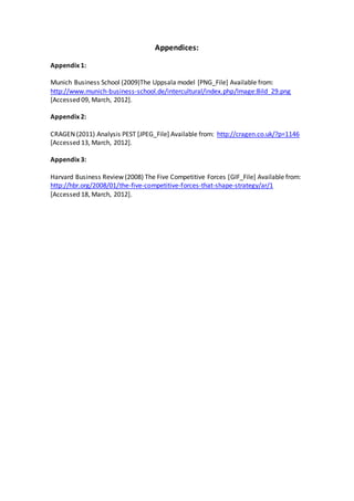 Appendices:
Appendix 1:
Munich Business School (2009)The Uppsala model [PNG_File] Available from:
http://www.munich-business-school.de/intercultural/index.php/Image:Bild_29.png
[Accessed 09, March, 2012].
Appendix 2:
CRAGEN (2011) Analysis PEST [JPEG_File] Available from: http://cragen.co.uk/?p=1146
[Accessed 13, March, 2012].
Appendix 3:
Harvard Business Review (2008) The Five Competitive Forces [GIF_File] Available from:
http://hbr.org/2008/01/the-five-competitive-forces-that-shape-strategy/ar/1
[Accessed 18, March, 2012].
 