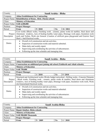Country Saudi Arabia – Bisha
Company Ablaa Establishment for Contracting
Project Name Rehabilitation of Hema , Hefa ,Thenia schools
Client Ministry of Education
Project Value SAR 4,200,000
Position Project Manager
Period From 5 / 2010 To 11 / 2011
Project
Description
Civil works (Block works, Finishing work , ceramic, paints works & marbles, Steel doors and
Aluminum windows, Acts of feeding healthy water pipes, Drainage work pipes, Insulation work
roofs and Toilets, Work site General ,Creation of artificial grass playground and Exterior Steel
Shed ). And Electrical works.
Duties
• Overall civil construction and site activities.
• Inspection of construction works and material submittal.
• Make daily and weekly report.
• Supervising and coordinating the activities of subcontractor.
• Following up the time schedule and managing time.
Country Saudi Arabia – Bisha
Company Ablaa Establishment for Contracting
Project Name Construction an additional part joining old school (Tathleeth and Athab schools).
Client Ministry of Education
Project Value SAR 750,000
Position Project Manager
Period From 1 / 2010 To 5 / 2010
Project
Description
Structural and Architectural works (Works budget networked , Drilling works , Concrete Elements
, Block works, Finishing work , ceramic, paints works & marbles, Steel doors and Aluminum
windows, Acts of feeding healthy water pipes, Drainage work pipes, Insulation work roofs, Work
site General)and Electrical works.
Duties
• Overall civil construction and site activities.
• Inspection of construction works and material submittal.
• Make daily and weekly report.
• Supervising and coordinating the activities of subcontractor.
• Following up the time schedule and managing time.
Country Saudi Arabia-Bisha
Company Ablaa Establishment for Contracting
Project Name Repair khaibar, Bisha schools
Client Ministry of Education
Project Value SAR 500,000 Thousands
Position Project Manager
Period From 5 / 2009 To 1 / 2010
6
 