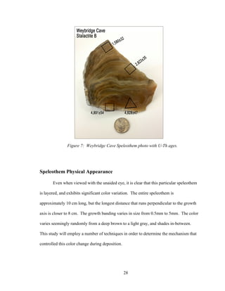 28
Speleothem Physical Appearance
Even when viewed with the unaided eye, it is clear that this particular speleothem
is layered, and exhibits significant color variation. The entire speleothem is
approximately 10 cm long, but the longest distance that runs perpendicular to the growth
axis is closer to 8 cm. The growth banding varies in size from 0.5mm to 5mm. The color
varies seemingly randomly from a deep brown to a light gray, and shades in-between.
This study will employ a number of techniques in order to determine the mechanism that
controlled this color change during deposition.
Figure 7: Weybridge Cave Speleothem photo with U-Th ages.
 