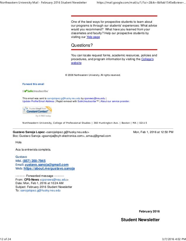 Northeastern University Mail February 2016 Student Newsletter