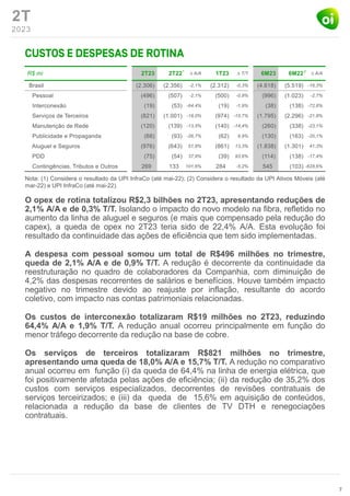 2T
2023
O opex de rotina totalizou R$2,3 bilhões no 2T23, apresentando reduções de
2,1% A/A e de 0,3% T/T. Isolando o impacto do novo modelo na fibra, refletido no
aumento da linha de aluguel e seguros (e mais que compensado pela redução do
capex), a queda de opex no 2T23 teria sido de 22,4% A/A. Esta evolução foi
resultado da continuidade das ações de eficiência que tem sido implementadas.
A despesa com pessoal somou um total de R$496 milhões no trimestre,
queda de 2,1% A/A e de 0,9% T/T. A redução é decorrente da continuidade da
reestruturação no quadro de colaboradores da Companhia, com diminuição de
4,2% das despesas recorrentes de salários e benefícios. Houve também impacto
negativo no trimestre devido ao reajuste por inflação, resultante do acordo
coletivo, com impacto nas contas patrimoniais relacionadas.
Os custos de interconexão totalizaram R$19 milhões no 2T23, reduzindo
64,4% A/A e 1,9% T/T. A redução anual ocorreu principalmente em função do
menor tráfego decorrente da redução na base de cobre.
Os serviços de terceiros totalizaram R$821 milhões no trimestre,
apresentando uma queda de 18,0% A/A e 15,7% T/T. A redução no comparativo
anual ocorreu em função (i) da queda de 64,4% na linha de energia elétrica, que
foi positivamente afetada pelas ações de eficiência; (ii) da redução de 35,2% dos
custos com serviços especializados, decorrentes de revisões contratuais de
serviços terceirizados; e (iii) da queda de 15,6% em aquisição de conteúdos,
relacionada a redução da base de clientes de TV DTH e renegociações
contratuais.
7
Nota: (1) Considera o resultado da UPI InfraCo (até mai-22); (2) Considera o resultado da UPI Ativos Móveis (até
mar-22) e UPI InfraCo (até mai-22).
1 2
 