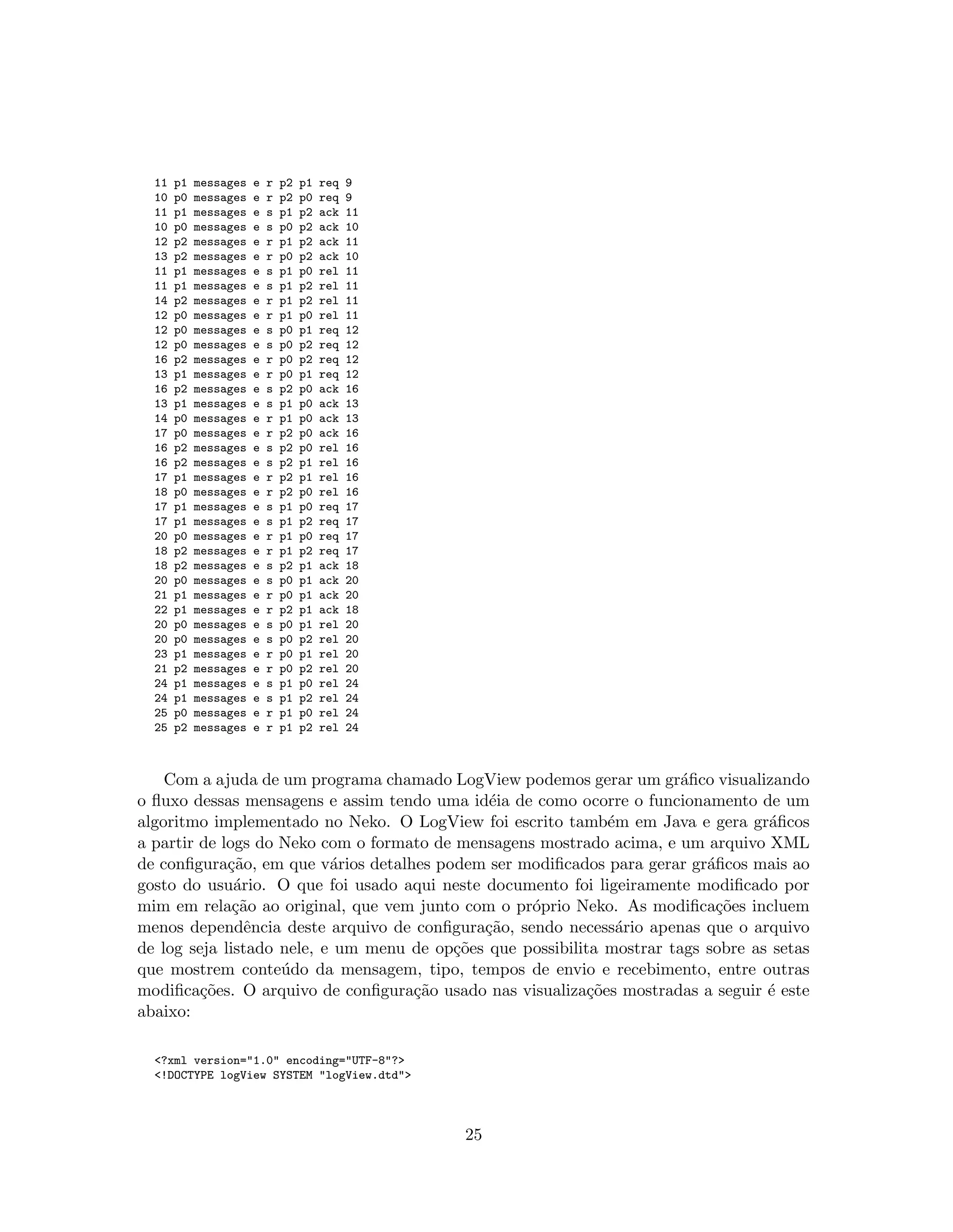 11 p1 messages e r p2 p1 req 9
10 p0 messages e r p2 p0 req 9
11 p1 messages e s p1 p2 ack 11
10 p0 messages e s p0 p2 ack 10
12 p2 messages e r p1 p2 ack 11
13 p2 messages e r p0 p2 ack 10
11 p1 messages e s p1 p0 rel 11
11 p1 messages e s p1 p2 rel 11
14 p2 messages e r p1 p2 rel 11
12 p0 messages e r p1 p0 rel 11
12 p0 messages e s p0 p1 req 12
12 p0 messages e s p0 p2 req 12
16 p2 messages e r p0 p2 req 12
13 p1 messages e r p0 p1 req 12
16 p2 messages e s p2 p0 ack 16
13 p1 messages e s p1 p0 ack 13
14 p0 messages e r p1 p0 ack 13
17 p0 messages e r p2 p0 ack 16
16 p2 messages e s p2 p0 rel 16
16 p2 messages e s p2 p1 rel 16
17 p1 messages e r p2 p1 rel 16
18 p0 messages e r p2 p0 rel 16
17 p1 messages e s p1 p0 req 17
17 p1 messages e s p1 p2 req 17
20 p0 messages e r p1 p0 req 17
18 p2 messages e r p1 p2 req 17
18 p2 messages e s p2 p1 ack 18
20 p0 messages e s p0 p1 ack 20
21 p1 messages e r p0 p1 ack 20
22 p1 messages e r p2 p1 ack 18
20 p0 messages e s p0 p1 rel 20
20 p0 messages e s p0 p2 rel 20
23 p1 messages e r p0 p1 rel 20
21 p2 messages e r p0 p2 rel 20
24 p1 messages e s p1 p0 rel 24
24 p1 messages e s p1 p2 rel 24
25 p0 messages e r p1 p0 rel 24
25 p2 messages e r p1 p2 rel 24
Com a ajuda de um programa chamado LogView podemos gerar um gr´aﬁco visualizando
o ﬂuxo dessas mensagens e assim tendo uma id´eia de como ocorre o funcionamento de um
algoritmo implementado no Neko. O LogView foi escrito tamb´em em Java e gera gr´aﬁcos
a partir de logs do Neko com o formato de mensagens mostrado acima, e um arquivo XML
de conﬁgura¸c˜ao, em que v´arios detalhes podem ser modiﬁcados para gerar gr´aﬁcos mais ao
gosto do usu´ario. O que foi usado aqui neste documento foi ligeiramente modiﬁcado por
mim em rela¸c˜ao ao original, que vem junto com o pr´oprio Neko. As modiﬁca¸c˜oes incluem
menos dependˆencia deste arquivo de conﬁgura¸c˜ao, sendo necess´ario apenas que o arquivo
de log seja listado nele, e um menu de op¸c˜oes que possibilita mostrar tags sobre as setas
que mostrem conte´udo da mensagem, tipo, tempos de envio e recebimento, entre outras
modiﬁca¸c˜oes. O arquivo de conﬁgura¸c˜ao usado nas visualiza¸c˜oes mostradas a seguir ´e este
abaixo:
<?xml version="1.0" encoding="UTF-8"?>
<!DOCTYPE logView SYSTEM "logView.dtd">
25
 