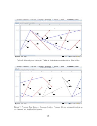 Figura 6: O come¸co da execu¸c˜ao. Todos os processos tentam entrar na ´area cr´ıtica.
Figura 7: Processo 2 sai da r.c. e Processo 0 entra. Processo 2 tenta novamente entrar na
r.c., fazendo um broadcast de request.
27
 