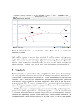 Figura 8: Processo 0 deixa a r.c., e o Processo 1 entra. Ap´os o uso da r.c. ambos fazem
broadcast de release.
Ap´os tamb´em terminar de fazer uso desta prioridade ele tamb´em avisa aos outros processos
de que a r.c. est´a sem uso no momento. Importante deixar claro que ao entrar na regi˜ao
cr´ıtica um processo aumenta seu rel´ogio l´ogico em uma unidade, portanto o Processo 1
recebeu o “rel” do Processo 0 no tempo 23 e, ao entrar na ´area cr´ıtica, aumentou seu
rel´ogio l´ogico em 1 unidade, e por isso ele envia o seu broadcast de release no tempo 24.
7 Conclus˜ao
Neste documento, foi apresentado o Neko, uma plataforma Java simples de comunica¸c˜ao
que provˆe suporte `a simula¸c˜ao e prototipagem de algoritmos distribu´ıdos. Atrav´es dele, foi
implementado o algoritmo de exclus˜ao m´utua de Lamport, e dessa forma foi mostrado como
´e simples e pr´atico o uso do Neko para este ﬁm. Na classe que implementava o algoritmo
propriamente, viu-se que n˜ao foi necess´ario muito mais c´odigo al´em do que descrevia a
pr´opria execu¸c˜ao dele. A troca de mensagens ´e feita com m´etodos j´a implementados em
classes do Neko, que tamb´em controla a camada de redes e a troca de mensagens entre as
camadas da pilhas que representam os processos.
Por ﬁm, a execu¸c˜ao desta implementa¸c˜ao gerou um arquivo de log que tornou poss´ıvel a
gera¸c˜ao de um gr´aﬁco, representando a execu¸c˜ao do algoritmo e a troca de mensagens entre
os processos. Cada mensagem foi representada por uma seta entre os processos remetente
e destinat´ario, mostrando tamb´em uma etiqueta com o conte´udo dessas mensagens. Os
tempos de chegada e sa´ıda destas setas eram os pr´oprios tempos l´ogicos em cada processo,
28
 