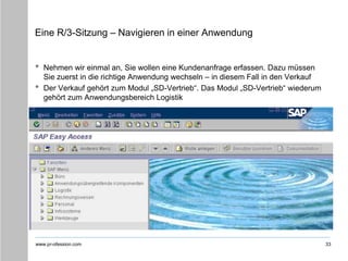 www.pr-ofession.com
Eine R/3-Sitzung – Navigieren in einer Anwendung
• Nehmen wir einmal an, Sie wollen eine Kundenanfrage erfassen. Dazu müssen
Sie zuerst in die richtige Anwendung wechseln – in diesem Fall in den Verkauf
• Der Verkauf gehört zum Modul „SD-Vertrieb“. Das Modul „SD-Vertrieb“ wiederum
gehört zum Anwendungsbereich Logistik
33
 