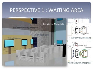 PERSPECTIVE	
  1	
  :	
  WAITING	
  AREA	
  
Rendered	
  Materials	
  
Childs	
  Play	
  Area	
  	
  
ADA	
  Restroom	
  
ReﬂecDve	
  Ceiling	
  Material	
  
Aerial	
  View:	
  RealisDc	
  
Aerial	
  View	
  :	
  Conceptual	
  
 