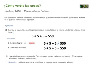 2. Cambiando los valores
Los problemas siempre tienen una solución simple que normalmente no vemos por nuestra manera
en la que nos han educado a pensar.
Solución:
 Hay seis huevos en una canasta. Seis personas toman, cada una, un huevo. ¿Cómo es que
aún queda un huevo en la canasta?
Solución: La última persona se quedó con la canasta con el huevo aún adentro.
¿Cómo veréis las cosas?
Horizon 2030… Pensamiento Lateral
Ejemplos
 Cambia la siguiente ecuación para conseguir el resultado de la misma añadiendo sólo una línea
recta:
 