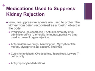 +
Medications Used to Suppress
Kidney Rejection
 Immunosuppressive agents are used to protect the
kidney from being recognized as a foreign object in
the body
 Prednisone (glucocorticoid): Anti-inflammatory drug
administered via IV or orally. Immunosuppressive drug
used to prevent organ rejection.
 Anti-proliferative drugs: Azathioprine, Mycophenolate
mofetil, Mycophenolate sodium, Sirolimus
 Cytokine Inhibitors: Cyclosporine, Tacrolimus. Lowers T-
cell activity
 Antilymphocyte Medications
 