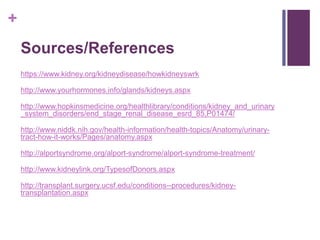 +
Sources/References
https://www.kidney.org/kidneydisease/howkidneyswrk
http://www.yourhormones.info/glands/kidneys.aspx
http://www.hopkinsmedicine.org/healthlibrary/conditions/kidney_and_urinary
_system_disorders/end_stage_renal_disease_esrd_85,P01474/
http://www.niddk.nih.gov/health-information/health-topics/Anatomy/urinary-
tract-how-it-works/Pages/anatomy.aspx
http://alportsyndrome.org/alport-syndrome/alport-syndrome-treatment/
http://www.kidneylink.org/TypesofDonors.aspx
http://transplant.surgery.ucsf.edu/conditions--procedures/kidney-
transplantation.aspx
 