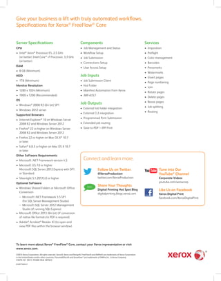 ©2013 Xerox Corporation. All rights reserved. Xerox®, Xerox and Design®, FreeFlow® and XMPie® are trademarks of Xerox Corporation
in the United States and/or other countries. PersonalEffect® and StoreFlow™ are trademarks of XMPie Inc., A Xerox Company.
VINTO-161 09/13 PSGBR-18UA BR7652
610P730412
To learn more about Xerox®
FreeFlow®
Core, contact your Xerox representative or visit
www.xerox.com.
Server Specifications
CPU
•	 Intel®
Xeon®
Processor E5, 2.5 GHz
(or better) Intel Core™ i7 Processor, 3.3 GHz
(or better)
RAM 
•	 8 GB (Minimum)
HDD 
•	 1TB (Minimum)
Monitor Resolution 
•	 1280 x 1024 (Minimum)
•	 1900 x 1200 (Recommended)
OS
•	 Windows®
2008 R2 (64 bit) SP1
•	 Windows 2012 server
Supported Browsers
•	 Internet Explorer®
10 on Windows Server
2008 R2 and Windows Server 2012
•	 Firefox®
22 or higher on Windows Server
2008 R2 and Windows Server 2012
•	 Firefox 22 or higher on Mac OS X®
10.7
or later
•	 Safari®
6.0.5 or higher on Mac OS X 10.7
or later
Other Software Requirements
•	 Microsoft .NET Framework version 4.5
•	 Microsoft IIS 7.0 or higher
Microsoft SQL Server 2012 Express with SP1
or Standard
•	 Silverlight 5.1.20513.0 or higher
Optional Software
•	 Windows Shared Folders or Microsoft Office
Conversion
–– Microsoft .NET Framework 3.5 SP1
(for SQL Server Management Studio)
–– Microsoft SQL Server 2012 Management
Studio (if running SQL Express)
•	 Microsoft Office 2013 (64-bit) (if conversion
of native file formats to PDF is required)
•	 Adobe®
Acrobat®
Reader XI (to open and
view PDF files within the browser window)
Give your business a lift with truly automated workflows.
Specifications for Xerox®
FreeFlow®
Core
Components
•	 Job Management and Status
•	 Workflow Setup
•	 Job Submission
•	 Connections Setup
•	 User Access Setup
Job Inputs
•	 Job Submission Client
•	 Hot Folder
•	 Manifest Automation from Xerox
•	 JMF+XSLT
Job Outputs
•	 External hot folder integration
•	 External CLI integration
•	 Programmed Print Submission
•	 Extended job routing
•	 Save to PDF—IPP Print
Services
•	 Imposition
•	 Preflight
•	 Color management
•	 Barcodes
•	 Pressmarks
•	 Watermarks
•	 Insert pages
•	 Page numbering
•	 Join
•	 Rotate pages
•	 Delete pages
•	 Resize pages
•	 Job splitting
•	 Routing
Follow Us on Twitter
@XeroxProduction
twitter.com/XeroxProduction
Share Your Thoughts
Digital Printing Hot Spot Blog
digitalprinting.blogs.xerox.com
Tune into Our
YouTube®
Channel
Corporate Videos
youtube.com/xeroxcorp
Like Us on Facebook
Xerox Digital Print
facebook.com/XeroxDigitalPrint
Connect and learn more.
 