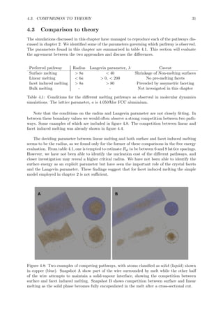 4.3. COMPARISON TO THEORY 31
4.3 Comparison to theory
The simulations discussed in this chapter have managed to reproduce each of the pathways dis-
cussed in chapter 2. We identiﬁed some of the parameters governing which pathway is observed.
The parameters found in this chapter are summarised in table 4.1. This section will evaluate
the agreement between the two approaches and discuss the diﬀerences.
Preferred pathway Radius Langevin parameter, λ Caveat
Surface melting > 8a < 40 Shrinkage of Non-melting surfaces
Linear melting < 6a > 0, < 200 No pre-melting facets
facet induced melting > 8a > 80 Preceded by assymetric faceting
Bulk melting - - Not invesigated in this chapter
Table 4.1: Conditions for the diﬀerent melting pathways as observed in molecular dynamics
simulations. The lattice parameter, a is 4.050˚Afor FCC aluminium.
Note that the conditions on the radius and Langevin parameter are not closely ﬁtting. In
between these boundary values we would often observe a strong competition between two path-
ways. Some examples of which are included in ﬁgure 4.8. The competition between linear and
facet induced melting was already shown in ﬁgure 4.4.
The deciding parameter between linear melting and both surface and facet induced melting
seems to be the radius, as we found only for the former of these comparisons in the free energy
evaluation. From table 4.1, one is tempted to estimate Rsl to be between 6 and 8 lattice spacings.
However, we have not been able to identify the nucleation cost of the diﬀerent pathways, and
closer investigation may reveal a higher critical radius. We have not been able to identify the
surface energy as an explicit parameter but have seen the important role of the crystal facets
and the Langevin parameter. These ﬁndings suggest that for facet induced melting the simple
model employed in chapter 2 is not suﬃcient.
Figure 4.8: Two examples of competing pathways, with atoms classiﬁed as solid (liquid) shown
in copper (blue). Snapshot A show part of the wire surrounded by melt while the other half
of the wire attempts to maintain a solid-vapour interface, showing the competition between
surface and facet induced melting. Snapshot B shows competition between surface and linear
melting as the solid phase becomes fully encapsulated in the melt after a cross-sectional cut.
 