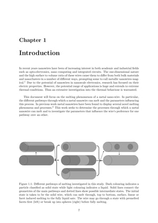 Chapter 1
Introduction
In recent years nanowires have been of increasing interest in both academic and industrial ﬁelds
such as opto-electronics, nano computing and integrated circuits. The one-dimensional nature
and the high surface to volume ratio of these wires cause them to diﬀer from both bulk materials
and nanoclusters in a number of diﬀerent ways, prompting some to call metallic nanowires mag-
ical.1 Due to the potential of nanowires in nanoscale electronics, research has focused on their
electric properties. However, the potential range of applications is huge and extends to extreme
thermal conditions. Thus an extensive investigation into the thermal behaviour is warranted.
This document will focus on the melting phenomenon of a metal nano-wire. In particular,
the diﬀerent pathways through which a metal nanowire can melt and the parameters inﬂuencing
this process. In previous work metal nanowires have been found to display several novel melting
phenomena and processes.2 This work seeks to determine the processes through which a metal
nanowire can melt and to investigate the parameters that inﬂuence the wire’s preference for one
pathway over an other.
Figure 1.1: Diﬀerent pathways of melting investigated in this study. Dark colouring indicates a
particle classiﬁed as solid state while light colouring indicates a liquid. Solid lines connect the
geometries of the main pathways and dotted lines show possible intermediate states. The initial
state is taken to be the solid wire, which can melt through, top to bottom, surface, linear or
facet induced melting to the fully liquid sate. The wire may go through a state with premelted
facets ﬁrst (left) or break up into spheres (right) before fully melting.
7
 