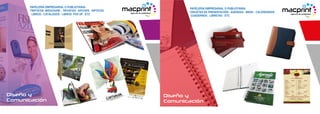 PAPELERÍA EMPRESARIAL O PUBLICITARIA:
TRIPTICOS -BROCHURE - REVISTAS - AFICHES - DIPTICOS
LIBROS - CATÁLOGOS - LIBROS POP UP - ETC
Diseño y
Comunicación
PAPELERÍA EMPRESARIAL O PUBLICITARIA:
TARJETAS DE PRESENTACIÓN - AGENDAS - MENU - CALENDARIOS
CUADERNOS - LIBRETAS - ETC
TU LOGO
Diseño y
Comunicación
 
