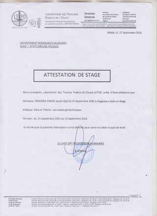 internship certificate (Laboratory of west public works).(Original in French)