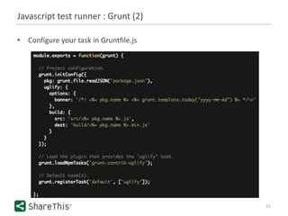Javascript test runner : Grunt (2)
11
• Configure your task in Gruntfile.js
 