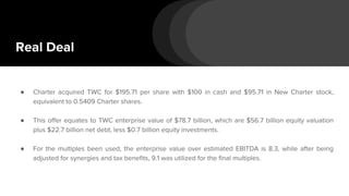 Real Deal
● Charter acquired TWC for $195.71 per share with $100 in cash and $95.71 in New Charter stock,
equivalent to 0.5409 Charter shares.
● This offer equates to TWC enterprise value of $78.7 billion, which are $56.7 billion equity valuation
plus $22.7 billion net debt, less $0.7 billion equity investments.
● For the multiples been used, the enterprise value over estimated EBITDA is 8.3, while after being
adjusted for synergies and tax benefits, 9.1 was utilized for the final multiples.
 