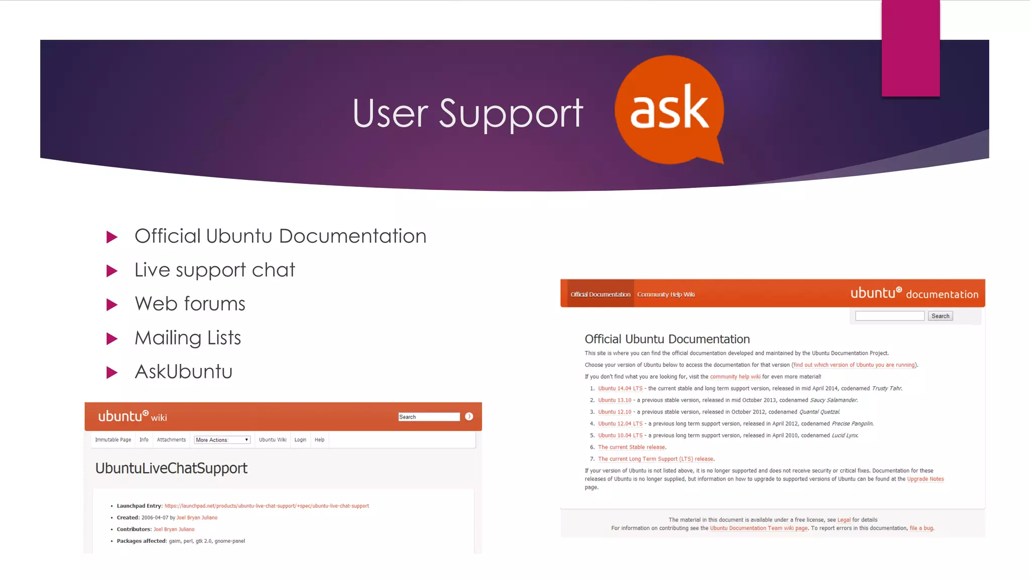 User Support
 Official Ubuntu Documentation
 Live support chat
 Web forums
 Mailing Lists
 AskUbuntu
 