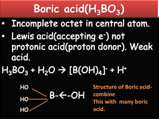 Boric acid(H3BO3)
Structure of Boric acid-
combine
This with many boric
acid.
 