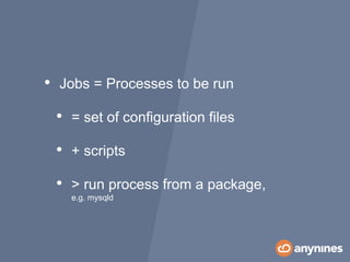 • Jobs = Processes to be run
• = set of configuration files
• + scripts
• > run process from a package,
e.g. mysqld
 