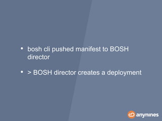 • bosh cli pushed manifest to BOSH
director
• > BOSH director creates a deployment
 